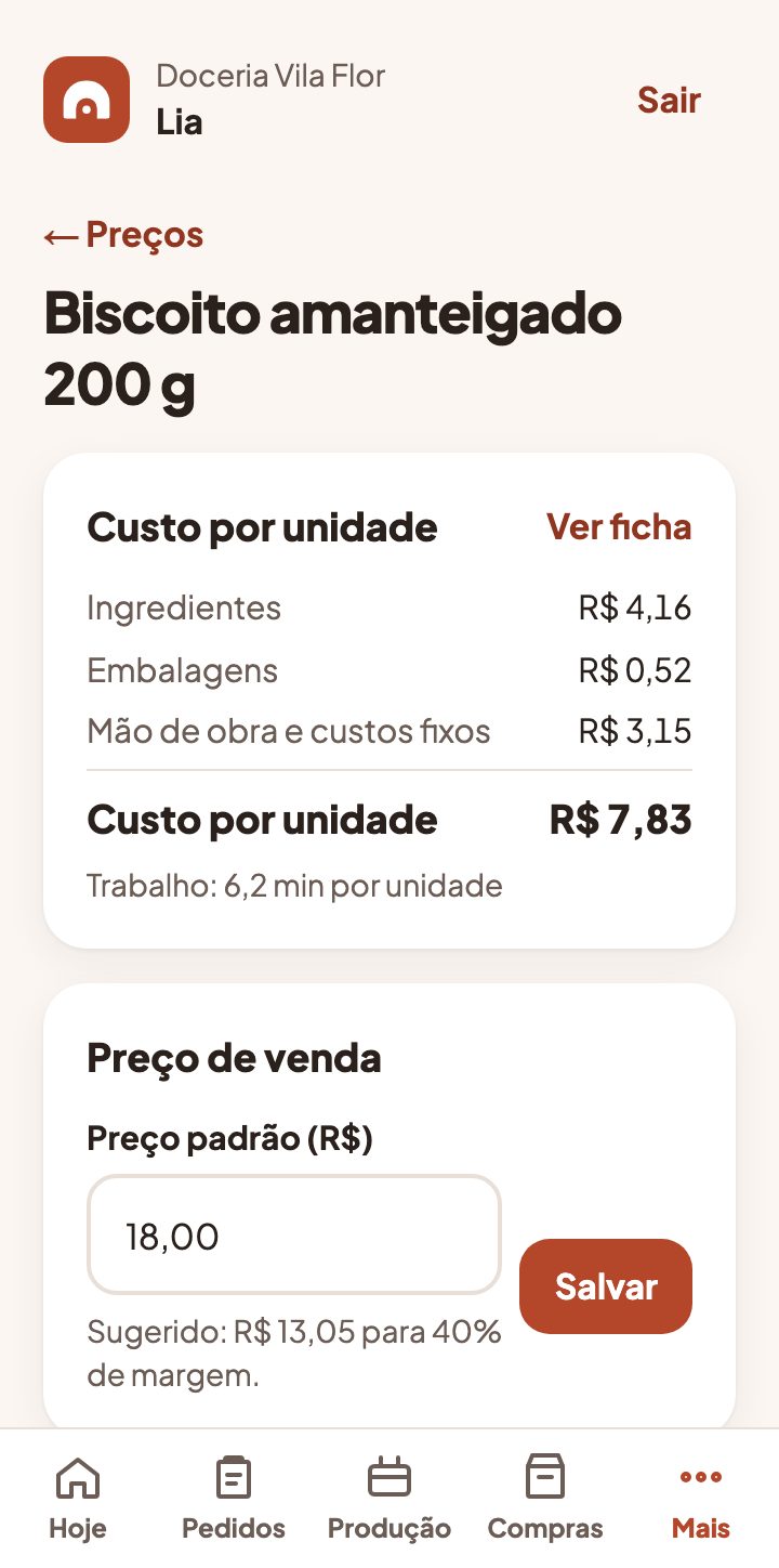 Tela de preço de um biscoito: custo de ingredientes, embalagens e mão de obra, preço de venda e preço sugerido