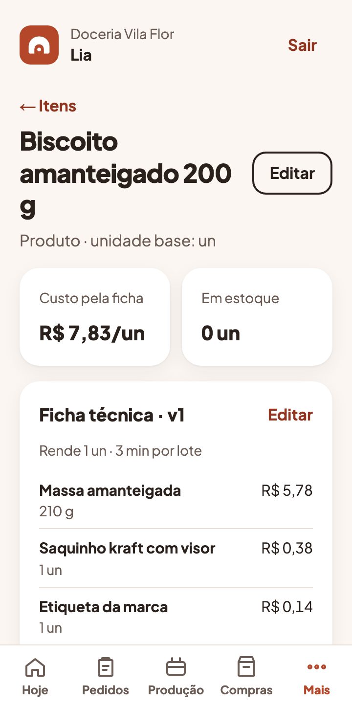 Ficha técnica de um biscoito com o custo de cada componente, inclusive a massa feita antes