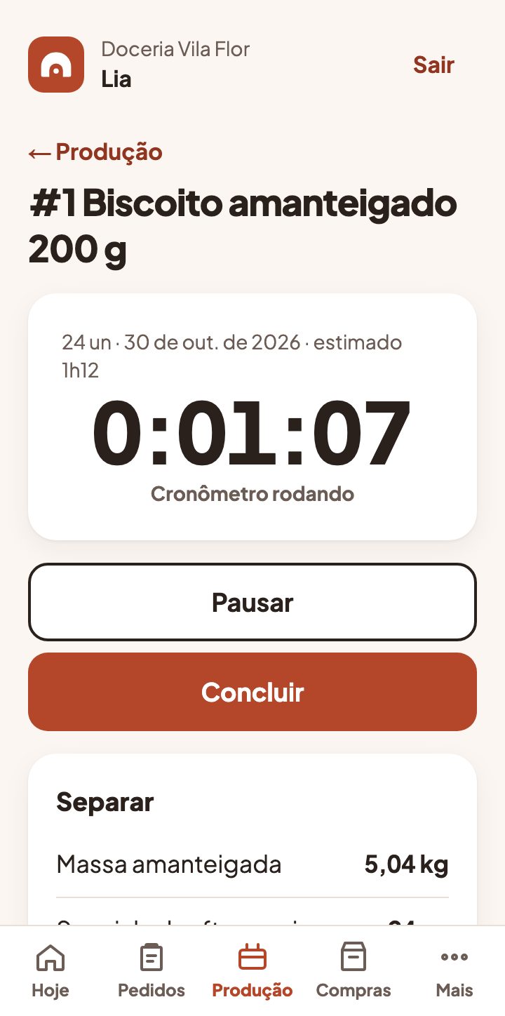 Modo cozinha com o cronômetro da produção rodando e o que separar